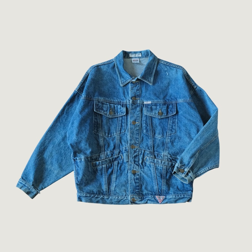 Guess Denim Jacket Mens Blue Distressed 90s Streetwear Size M Trucker Jacket